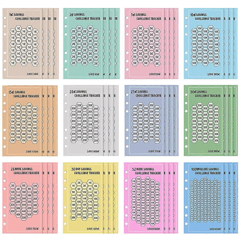 Savings Challenge Euro Envelops Financial Tracking Assorted Color 6-Hole Design 48Pcs