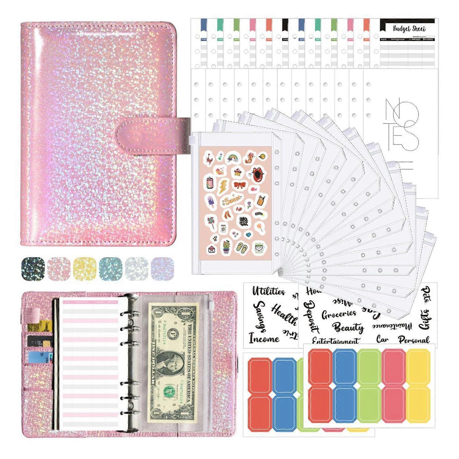 Budget Folder A6 PVC Document Holder With 12 Budget Sheets 12 Zipper Pockets 14 Monthly Planner 2 Stickers Pink