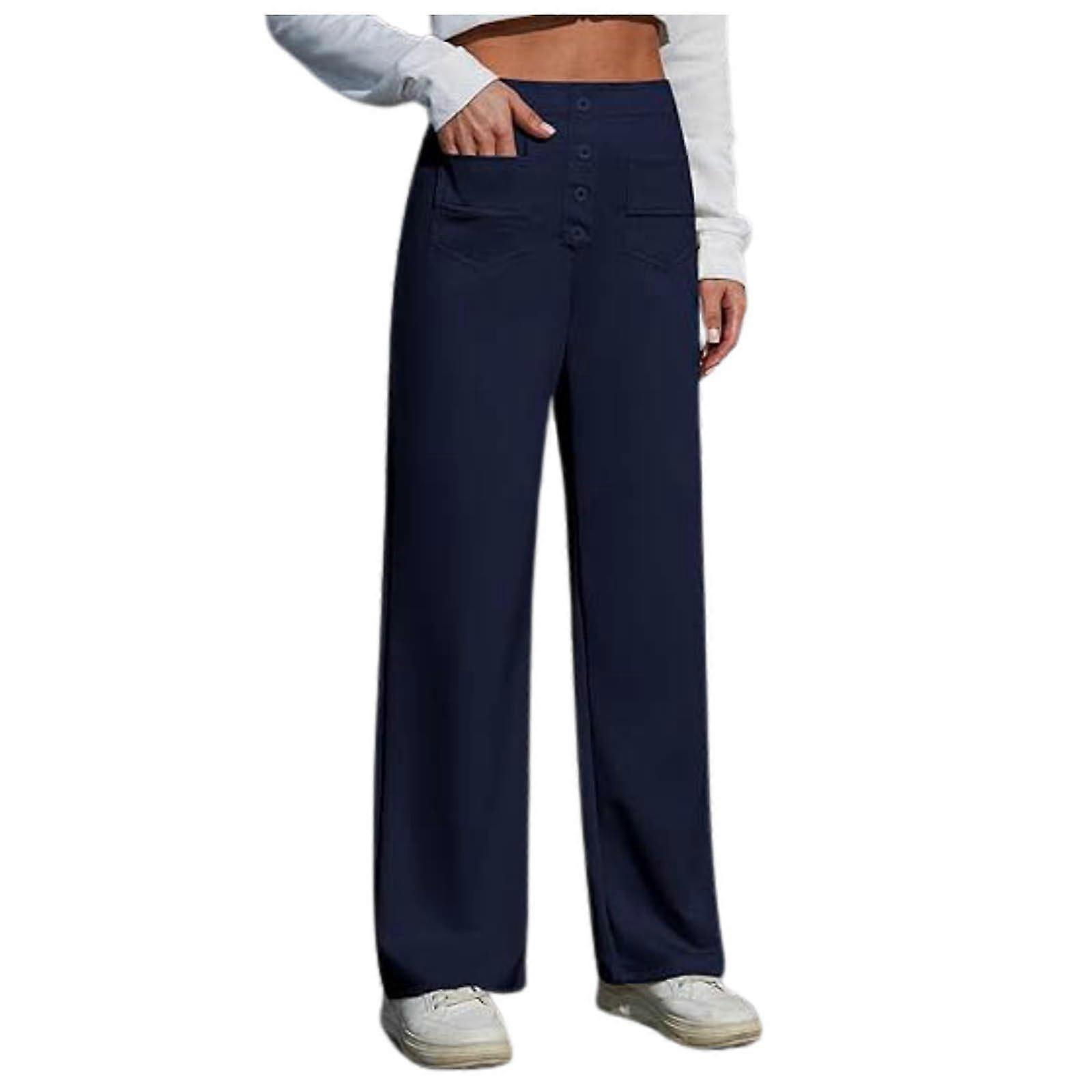 Women's Work Pants, Elastic Waist, Straight Wide Leg, ButtonDown, Casual Pants with Pockets, Comfortable Pants Navy 4XL