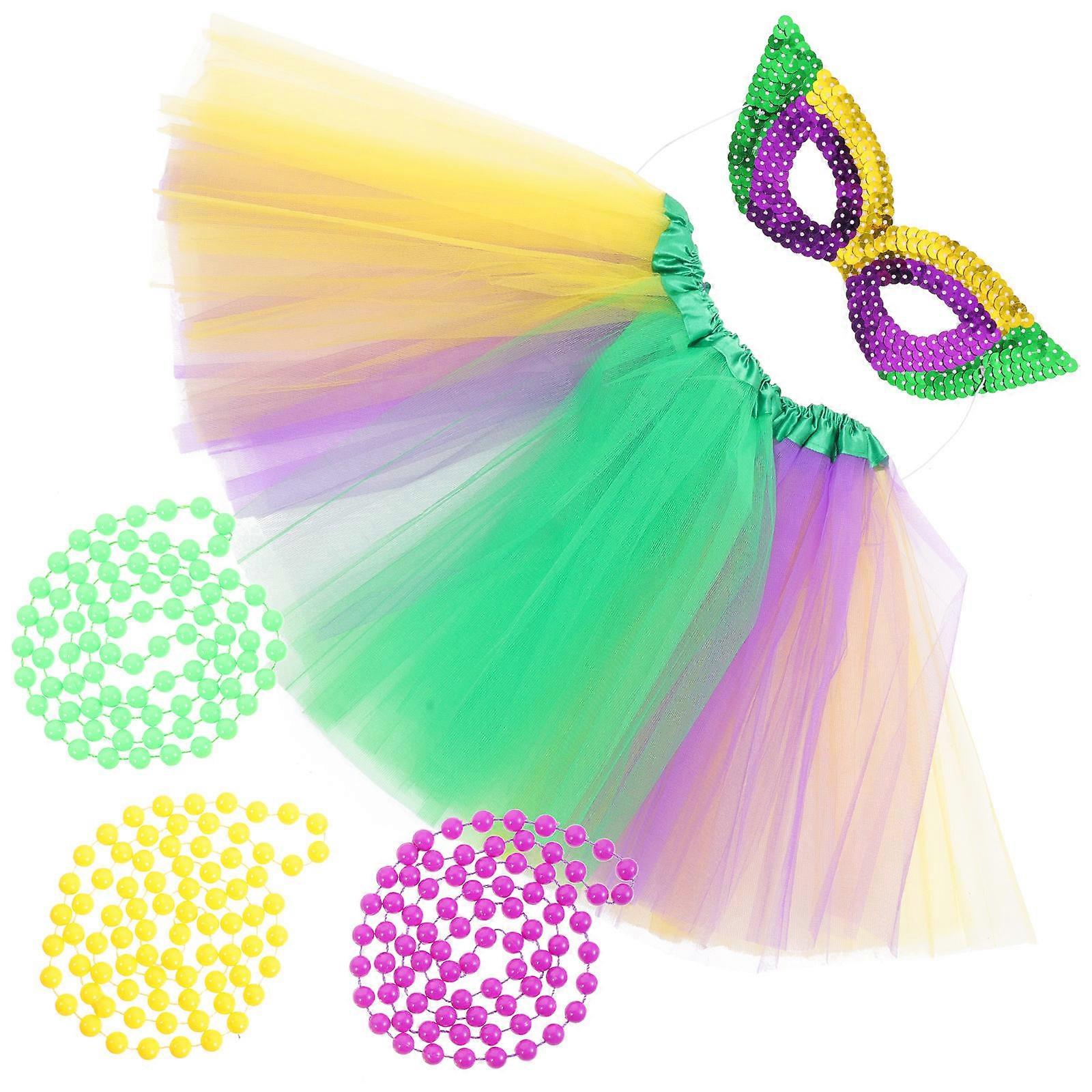 Festive Plastic Costume Set with Multi Color Decorative Skirt Necklace Mask for Parties and Photos 1 set