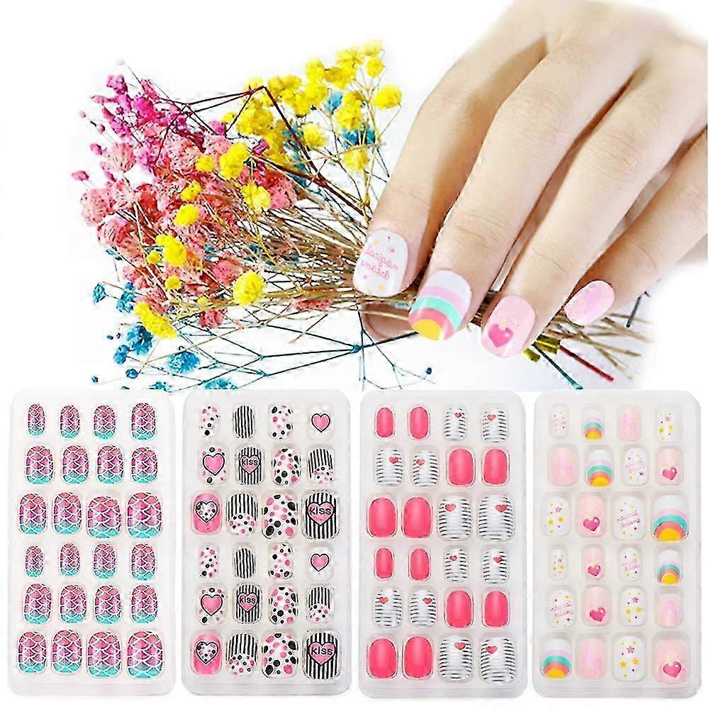 Kids Press on Nails, 96PCS Girls Short Fake Nails Pre Glue Full Cov...