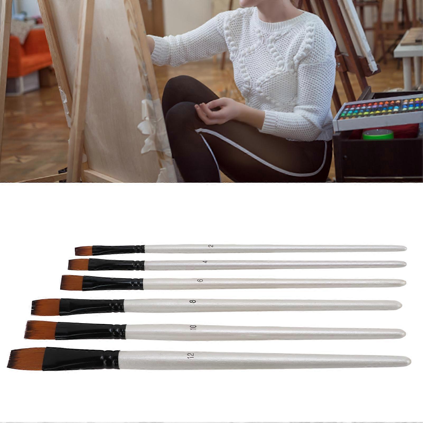 6Pcs Nylon Paintbrush Set Flat Front Short Handle Solid Wood