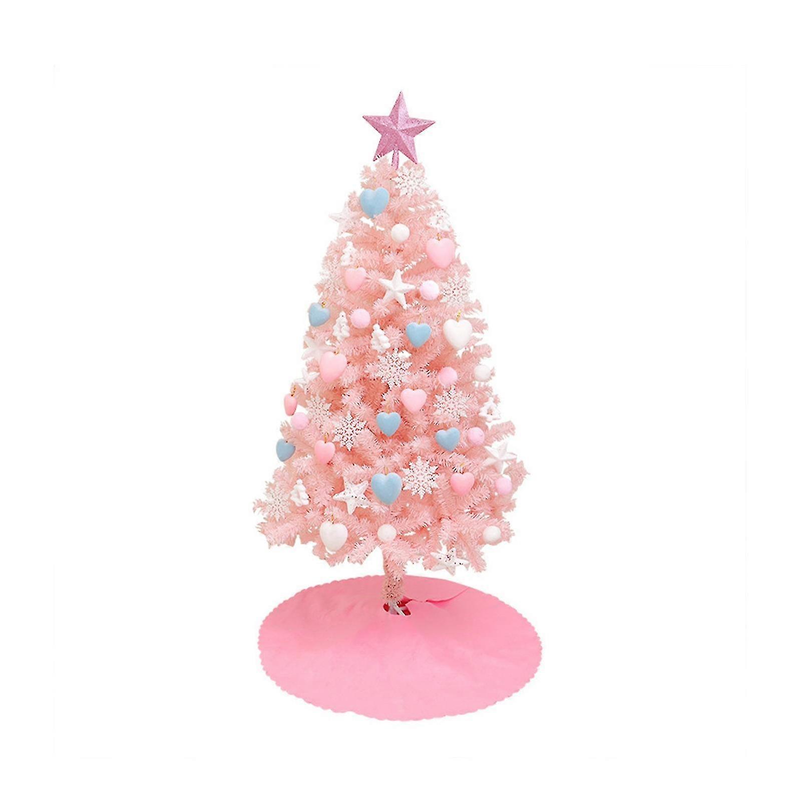 Pink Tabletop Mini Christmas Tree with LED String Lights and Hanging Ornaments for Girls DIY
