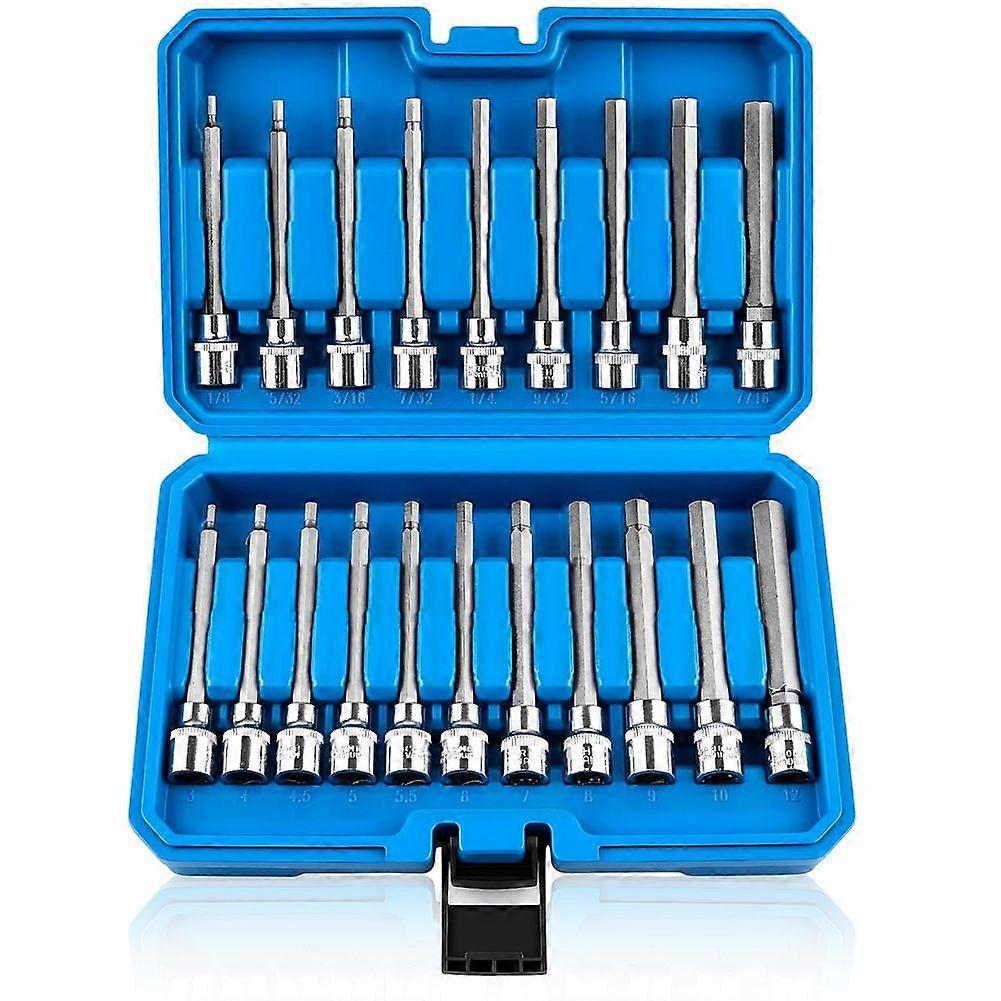 20PCS Extra-Long Hex Bit Socket Set, 3/8 Inch Drive Hex Socket Set, SAE & Metric(1/8inch-7/16inch