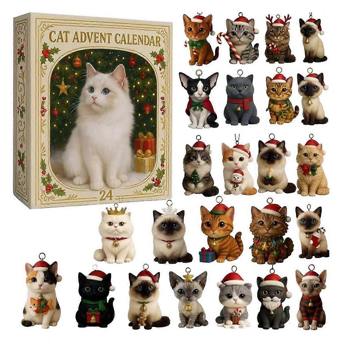 2025 Cat-Themed Advent Calendar - 24 Days of Xmas Surprises with 2D Acrylic Cat Pendants for Christmas Decoration