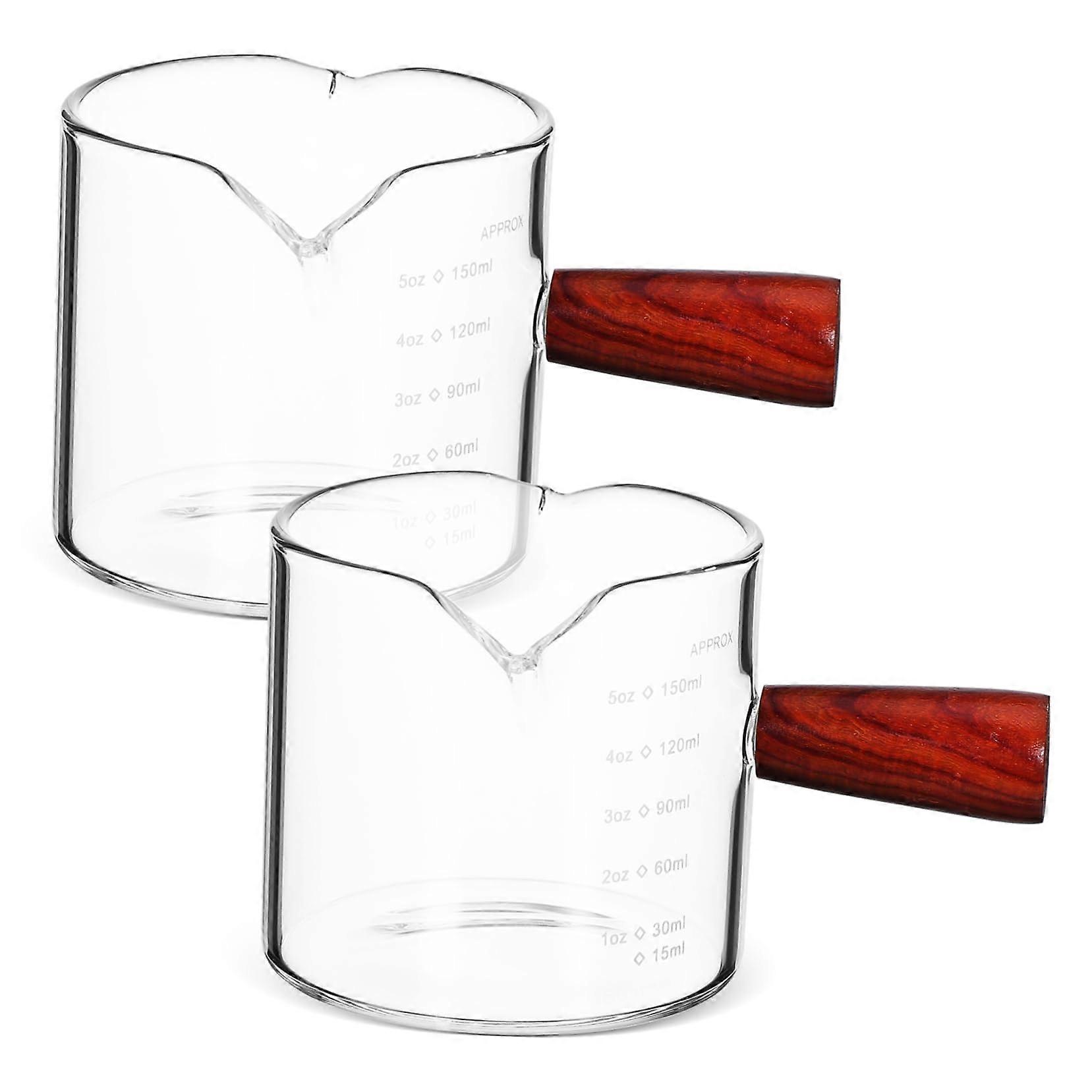 2 Pack Glass Espresso Measuring Cups with Wooden Handle for Coffee Syrup and Barista Use