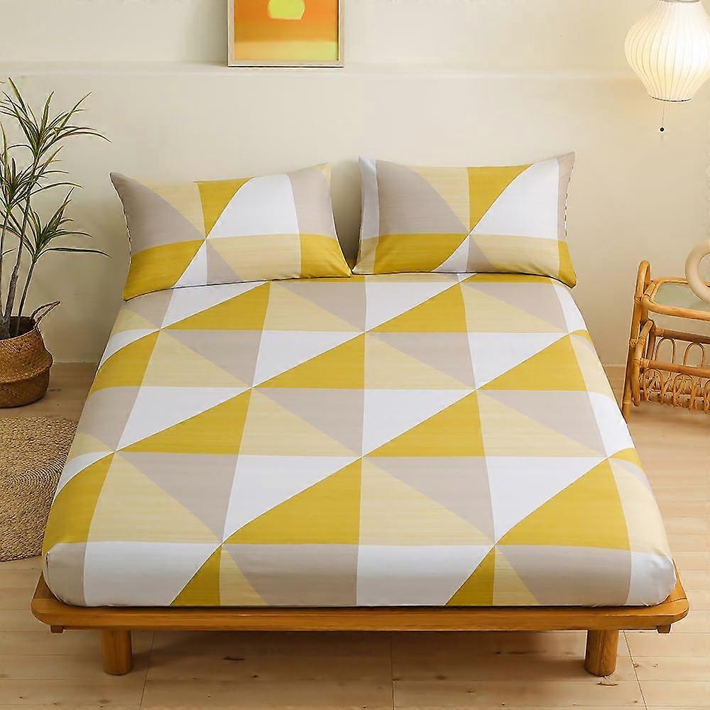 Fitted Bed Sheet with Deep Pocket 30cm, Geometric Pattern, Fade Resistant, Single Size Gray Yellow