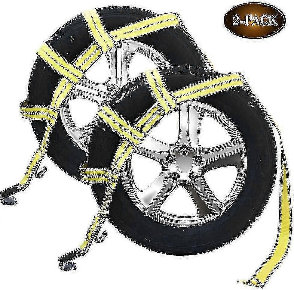 Over-the-Wheel Tire Tie Down Straps with Flat Hook & Net for Dolly Baskets, Small to Medium Tires