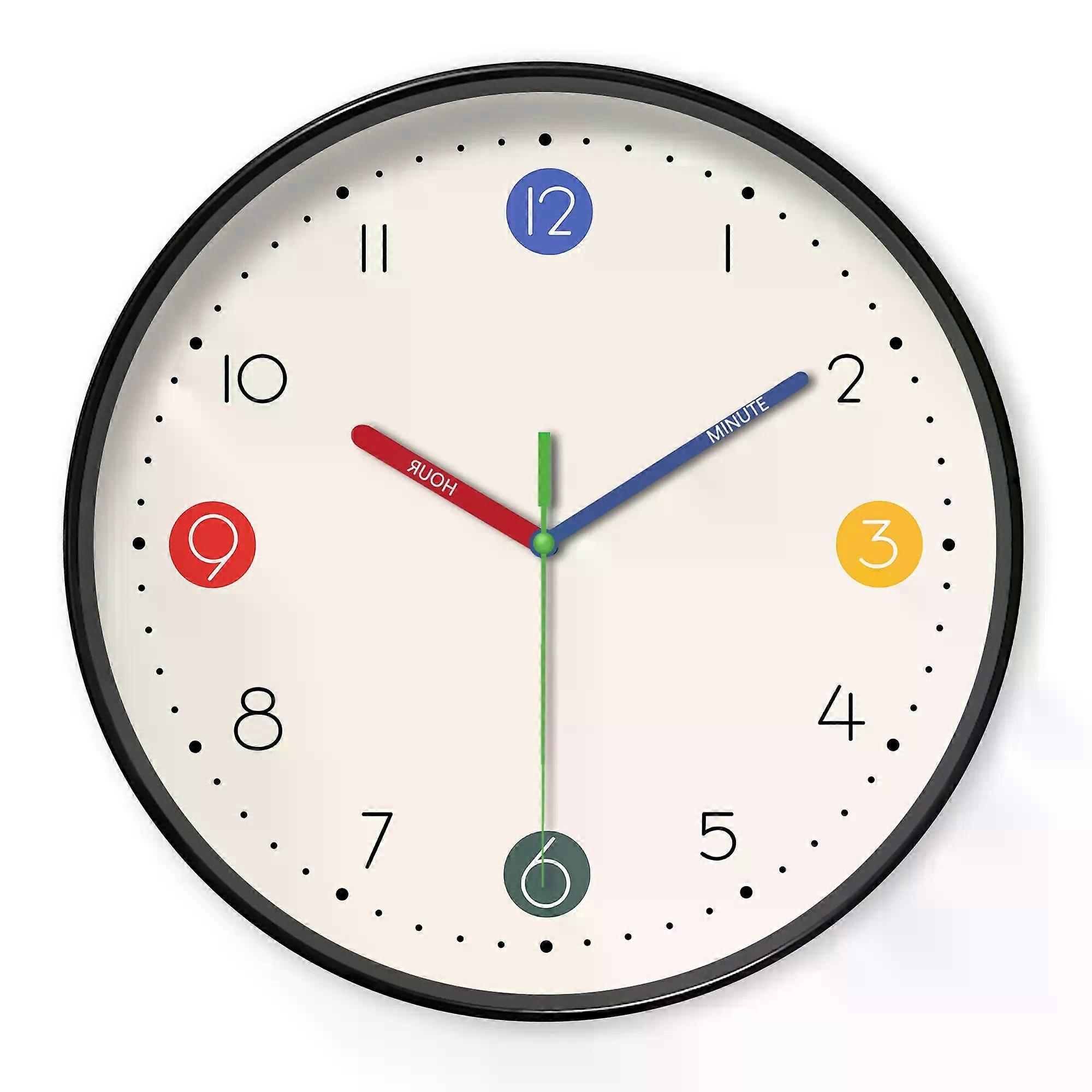 A simple beige and white instructional wall clock with colorful hands and cute digital design wall clock, 10-16 inch round silen