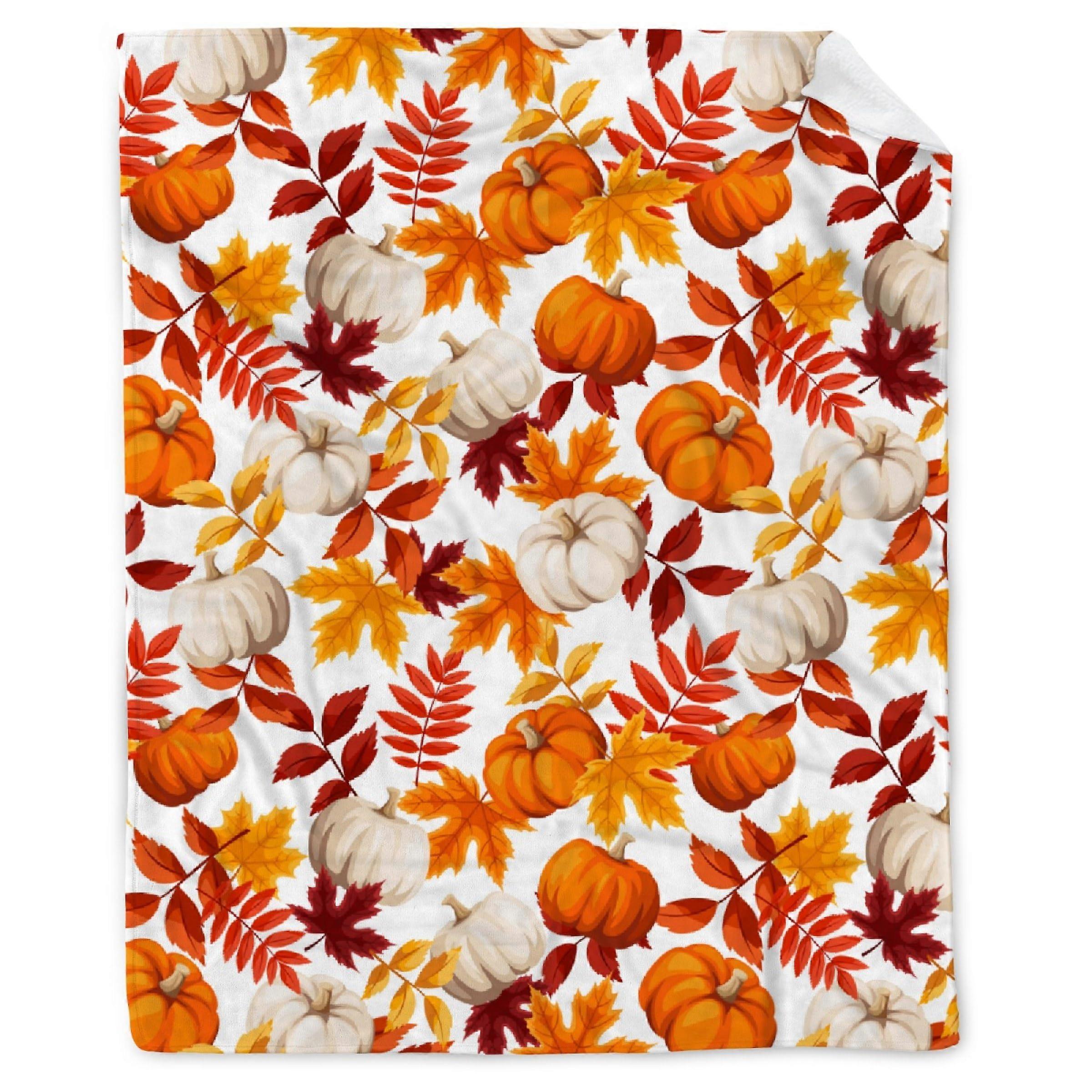 Fall Throw Blanket with Pumpkin Maple Leaf Design – Cozy Plush Lightweight Sofa Bed Couch Decorative Blanket 50'x60'