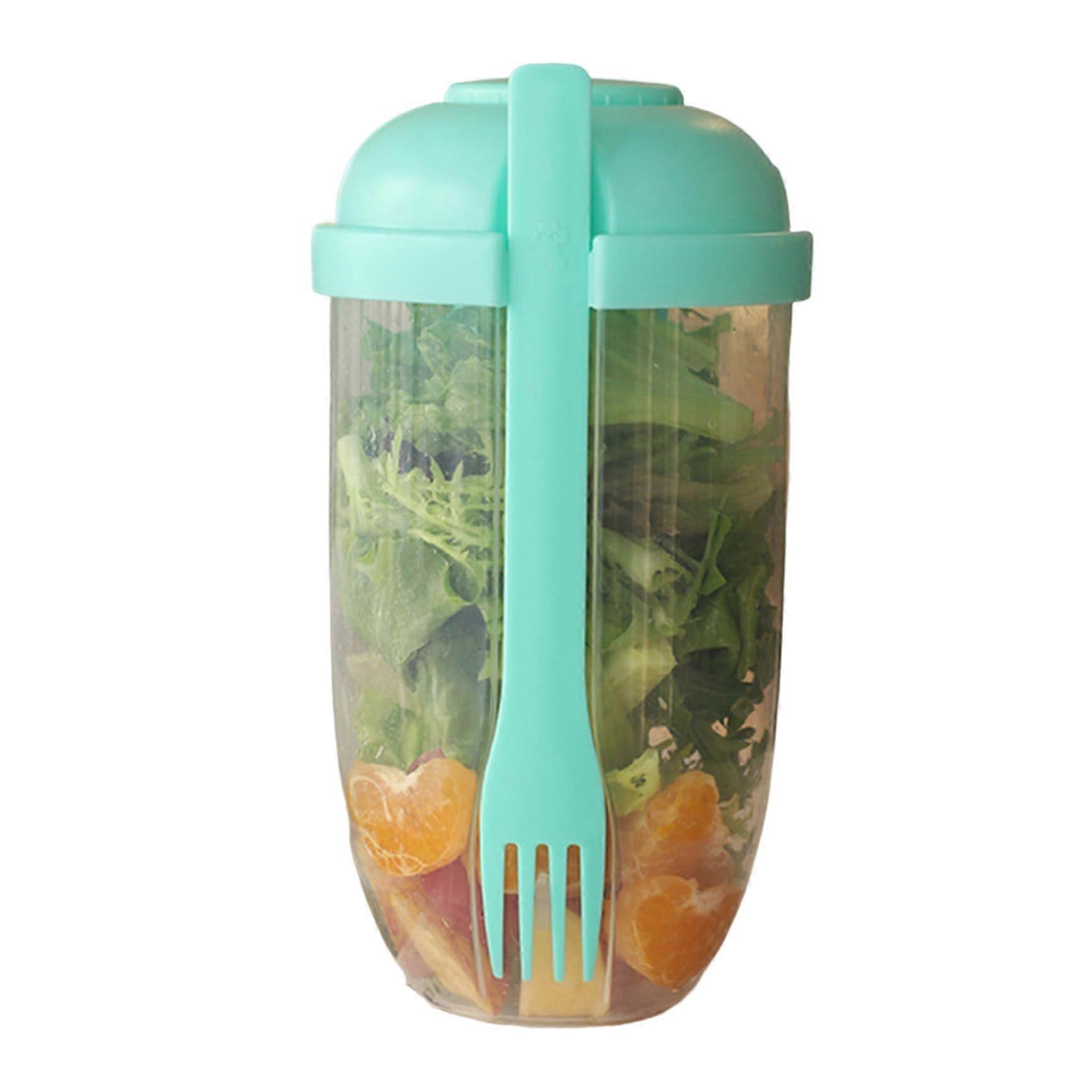 Leakproof 1000ml Salad Shaker Cup with Dressing Container and Fork for Lunch and Travel – Green