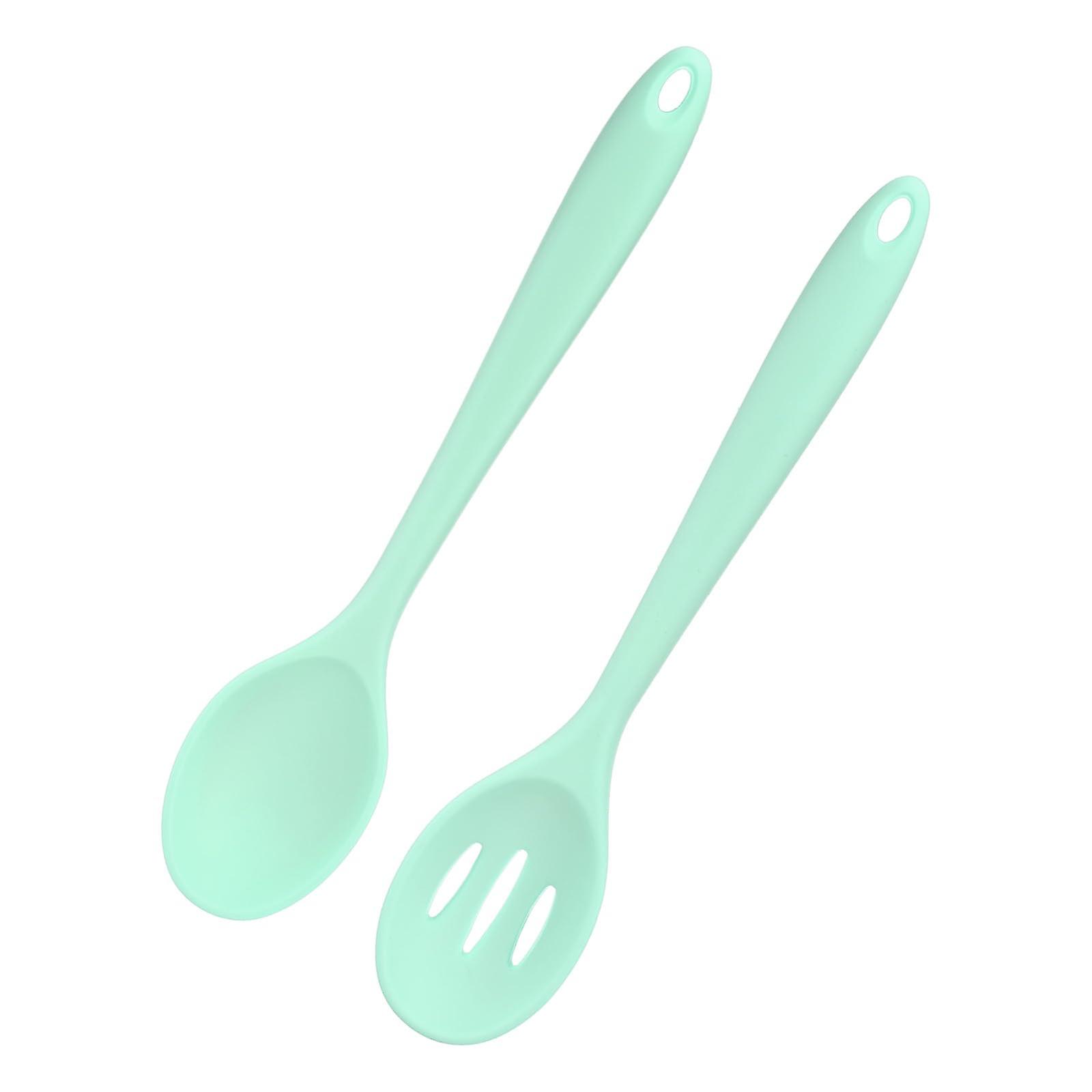 2Pack Silicone Cooking Spoons 10.6in Heat Resistant Nonstick Serving Utensils with Long Handle Green