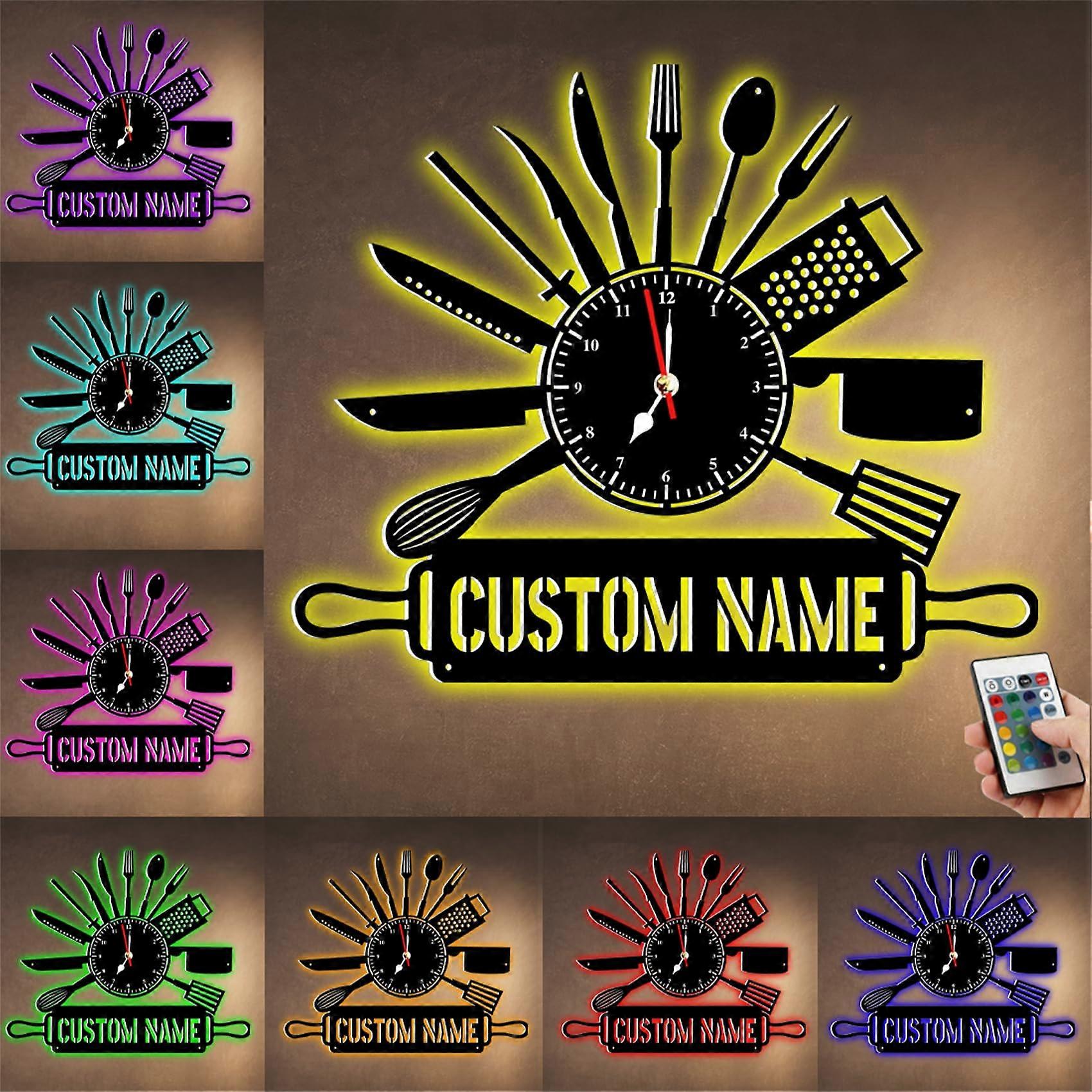 LED Kitchen Wall Clock with Custom Name and Metal Cutlery Design for Home Decor