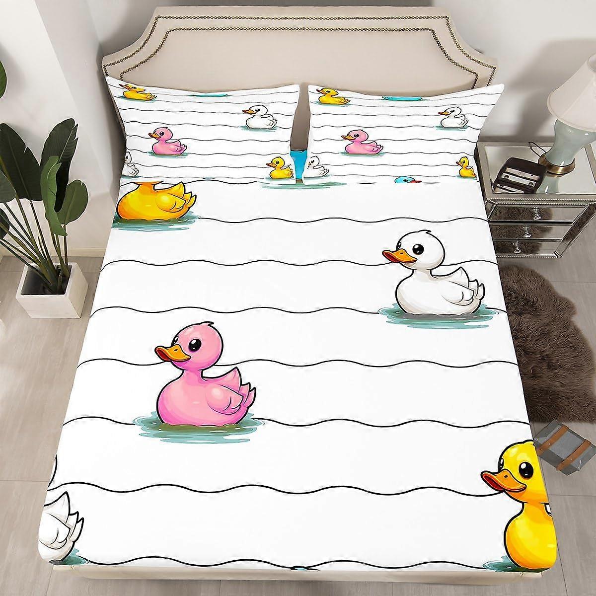 Kids Bedding Set Twin Duck Fitted Sheet with Pillowcase, Vibrant Cartoon Animal Print Microfiber