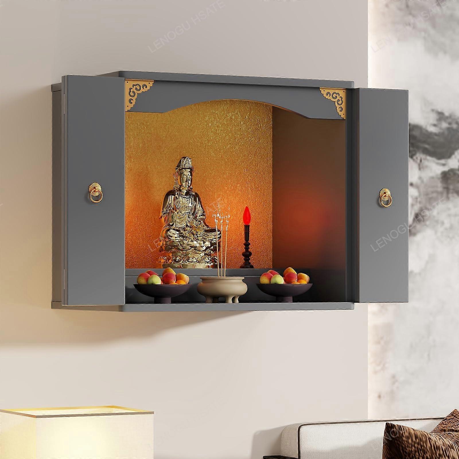 Wall Mounted Buddhist Altar with Door, Chinese Style Worship Table Shelf with Hidden Storage, Gray 24×16×24in