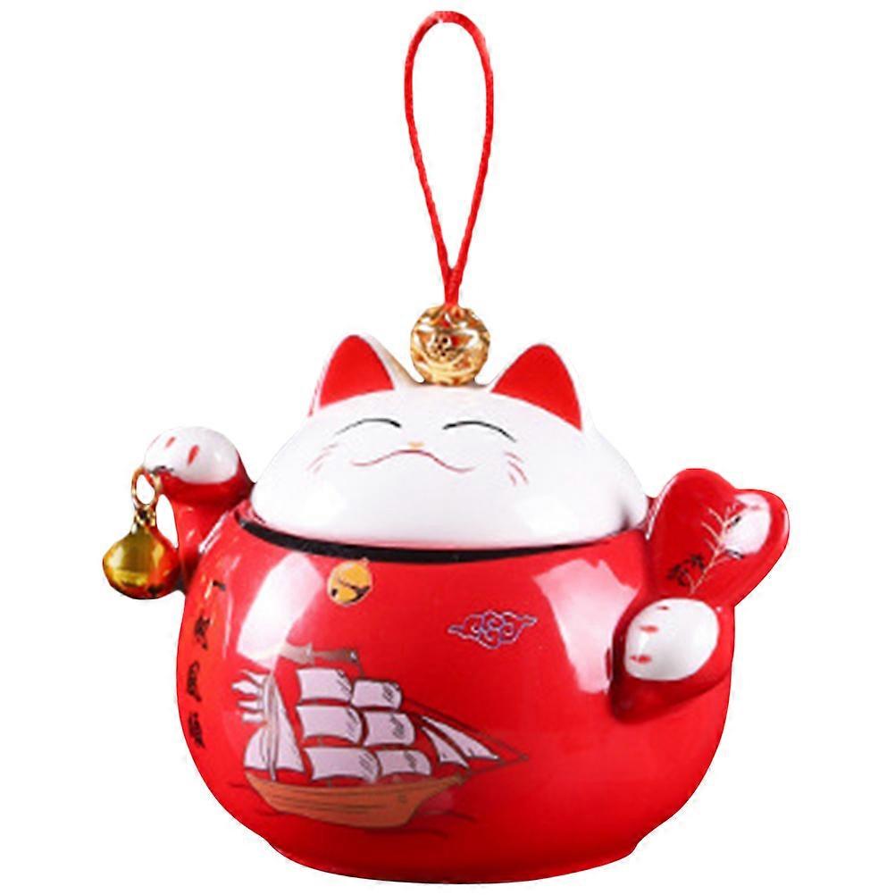 Red Ceramic Fortune Cat Storage Jar for Tea and Candy Use