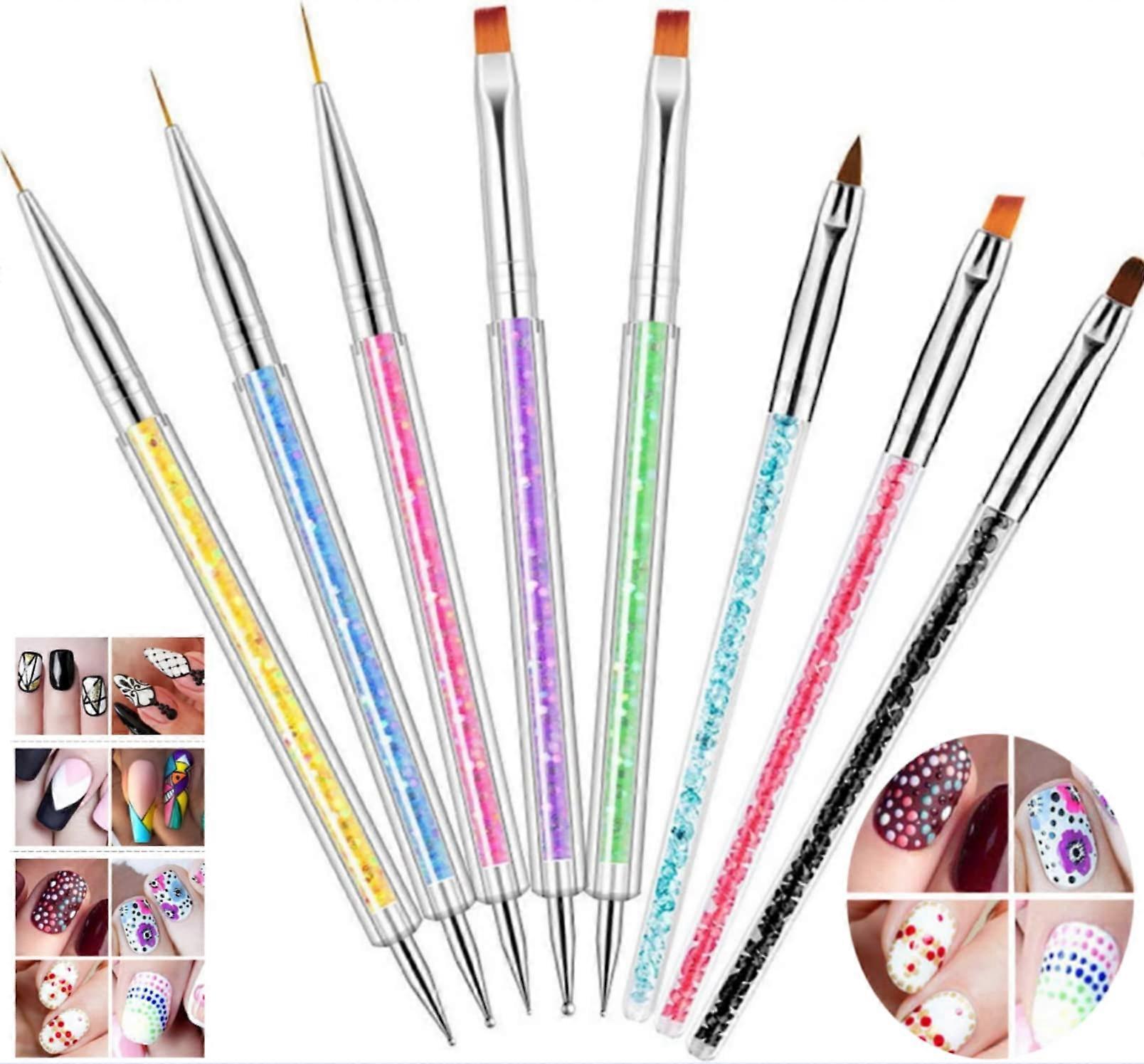 8 Piece Dual Ended Nail Art Brush and Dotting Tool Set with Multiple Tips for Precise Detailing