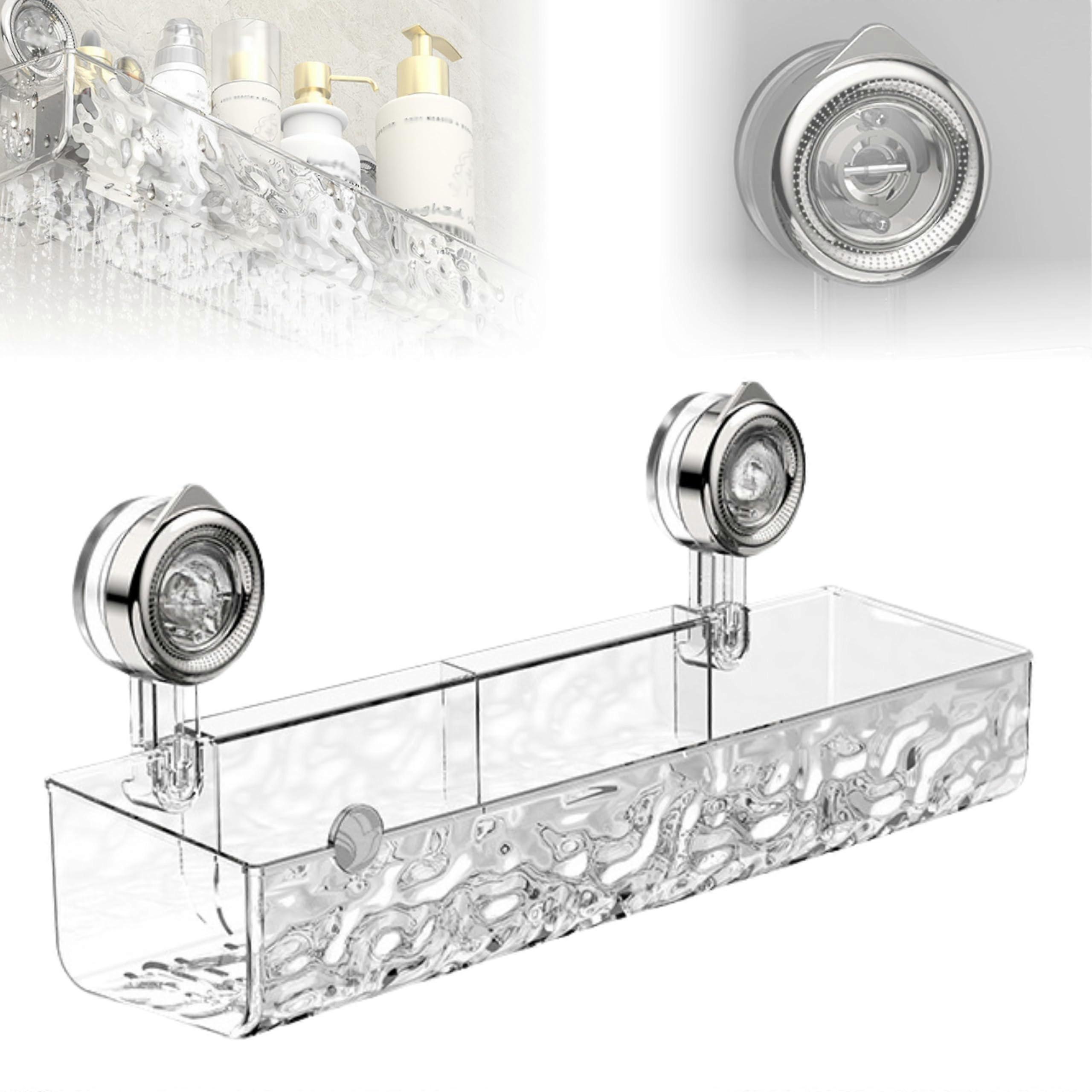 Suction Cup Shower Shelf No Drill Clear Wall Mounted Bathroom Organizer with Quick Drainage White Rectangular