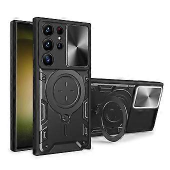Case for Samsung Galaxy S25 Ultra with Sliding Lens Protection, Magnetic Ring Stand, Shockproof Non‑Slip Cover (Black)