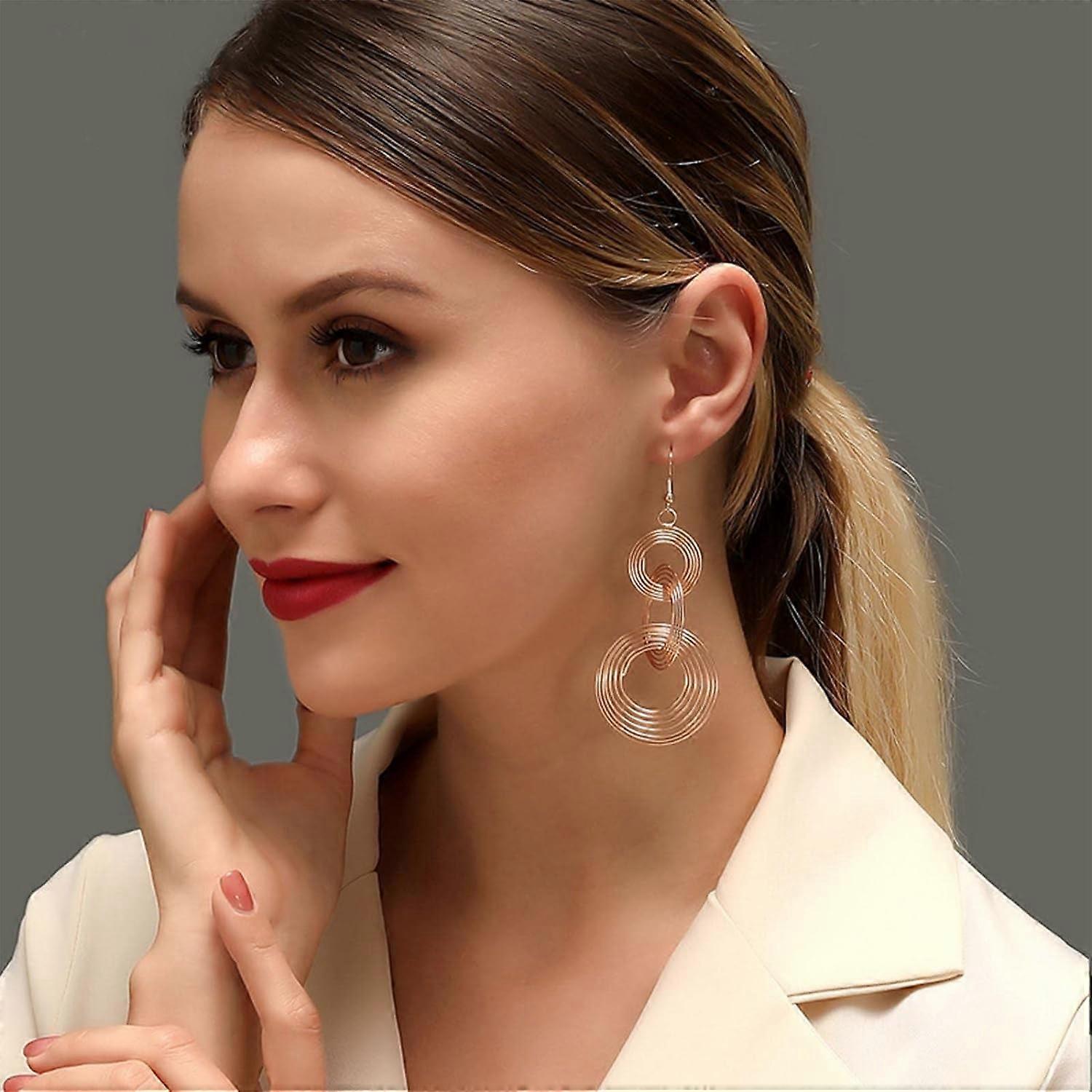 Long 70S Disco Statement Earrings - Gold Multi-layer Hoop Dangle Earrings