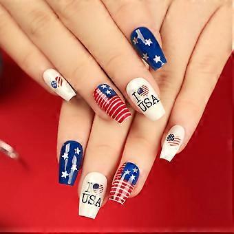 Press On Nails 24Pcs Almond Shaped Patriotic Flag Design, American Flag Independence Day Nails Set