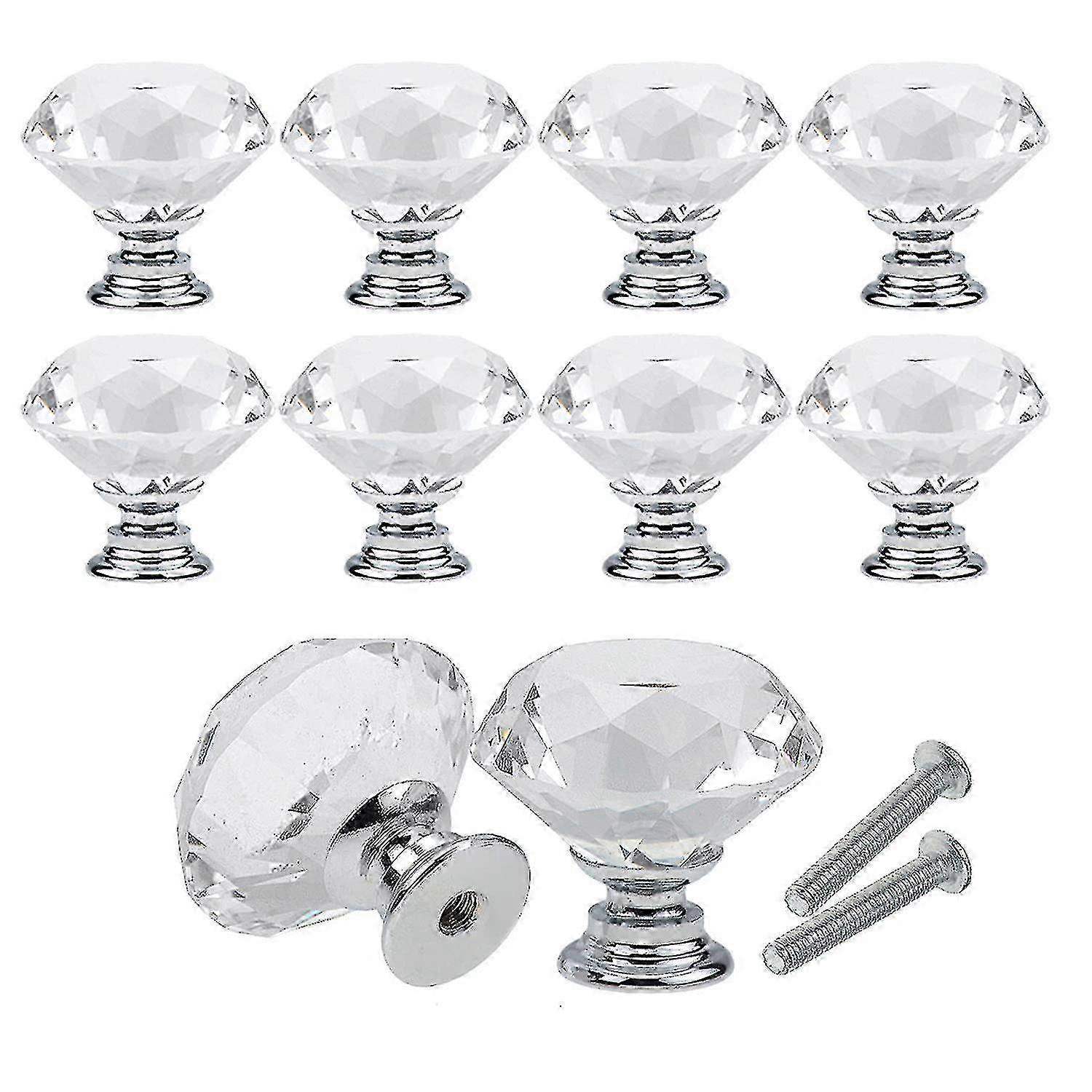10 pcs 30mm Diamond Clear Crystal Drawer Knobs Pulls Handle with Screws