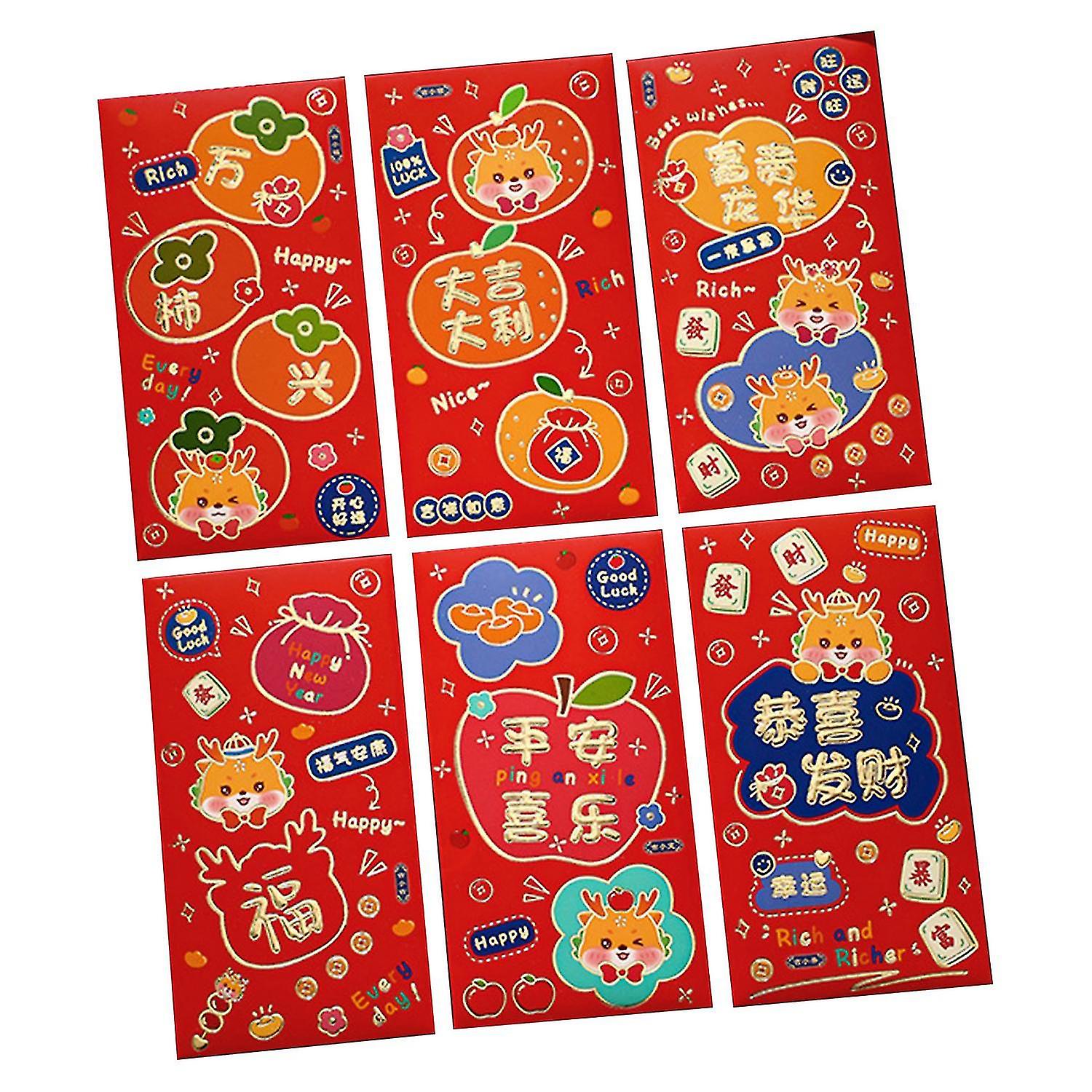 6 Pcs Year of The Dragon Red Packet Cute Cartoon Design Blessings-themed Easy to Seal Special