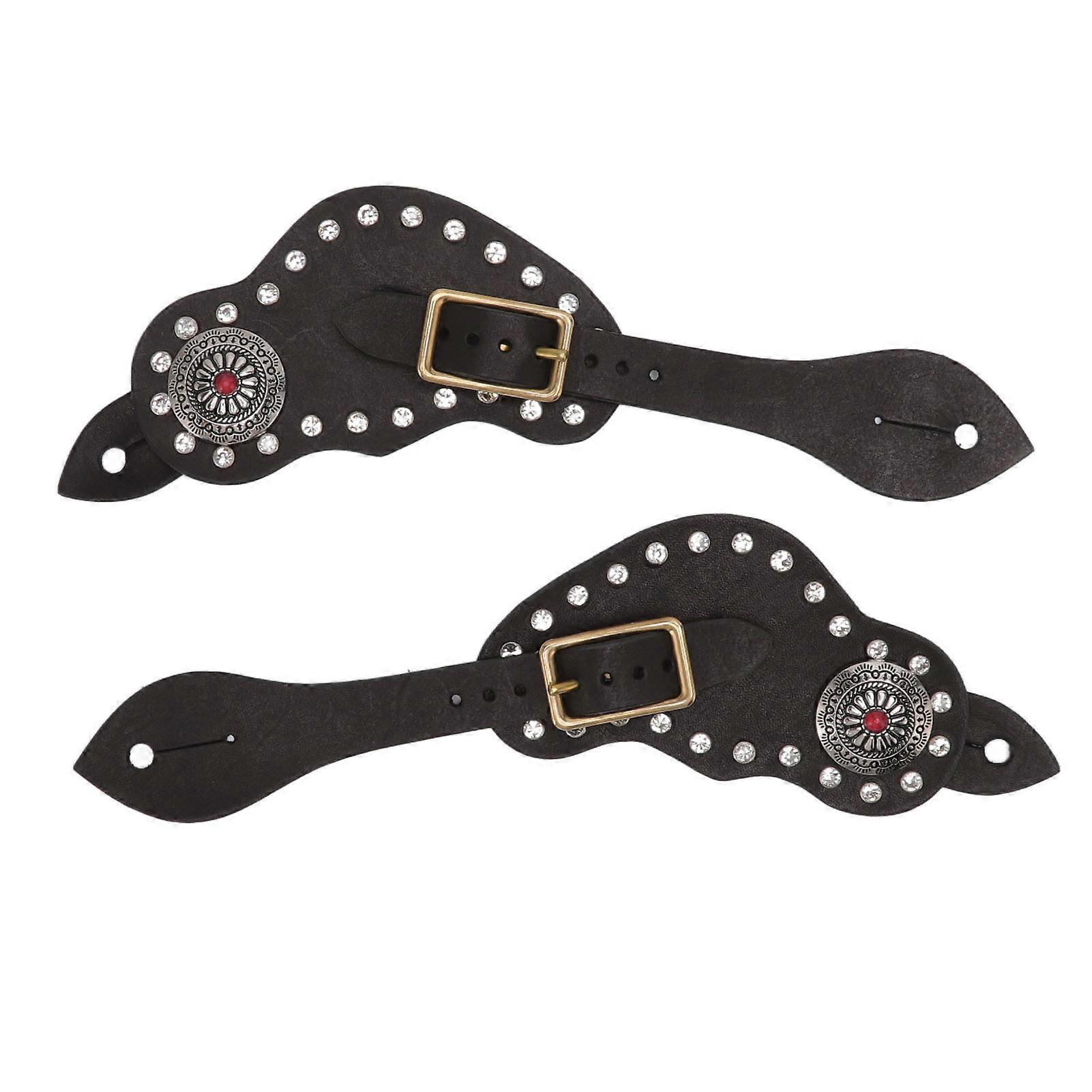 1Pair Spur Strap Leather Rhinestone Western Vintage Style Horse Riding Protective Equipment for Outdoor Black NO.4238