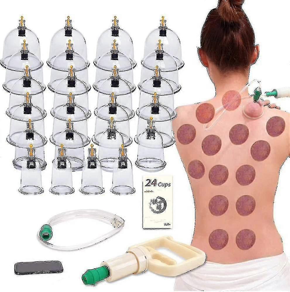 カッピングセラピーセット、ボディセルライトカッピングマッサージ背中の痛みのためのポンプ真空吸引カップ付き24カップカッピングセット