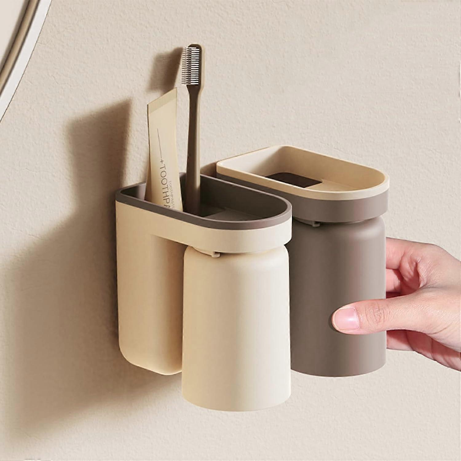 Toothbrush Holder with Gargle Cup for Lovers 2 Pcs Multi-Function Wall Storage Box Self Adhesive Couple Toothbrushes & Toothpaste Holder Container Wal