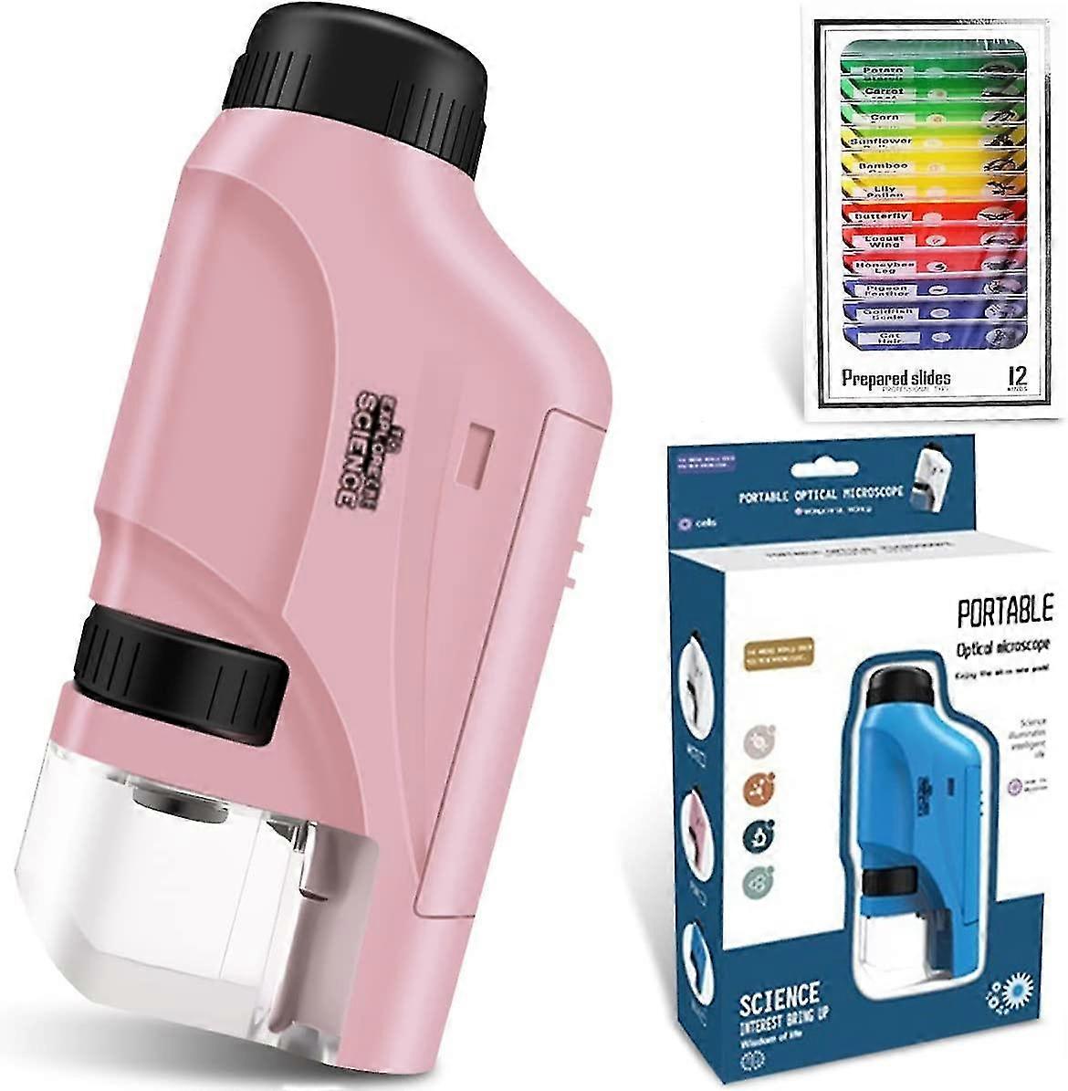 Handheld Pocket Microscope 60x-120x +12 Pcs Color Specimen, Led Light Portable Mini Microscope Gift For Child