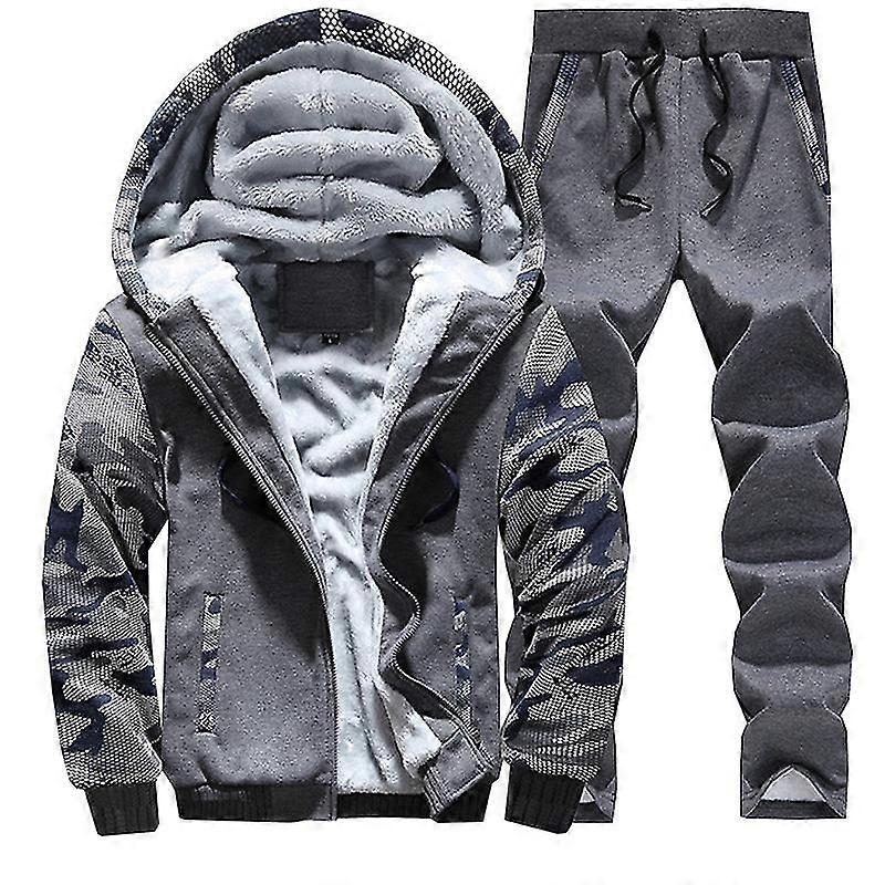 Men Fleece Lined Tracksuit Hooded Jacket Pants Set Jogger Sports Suit