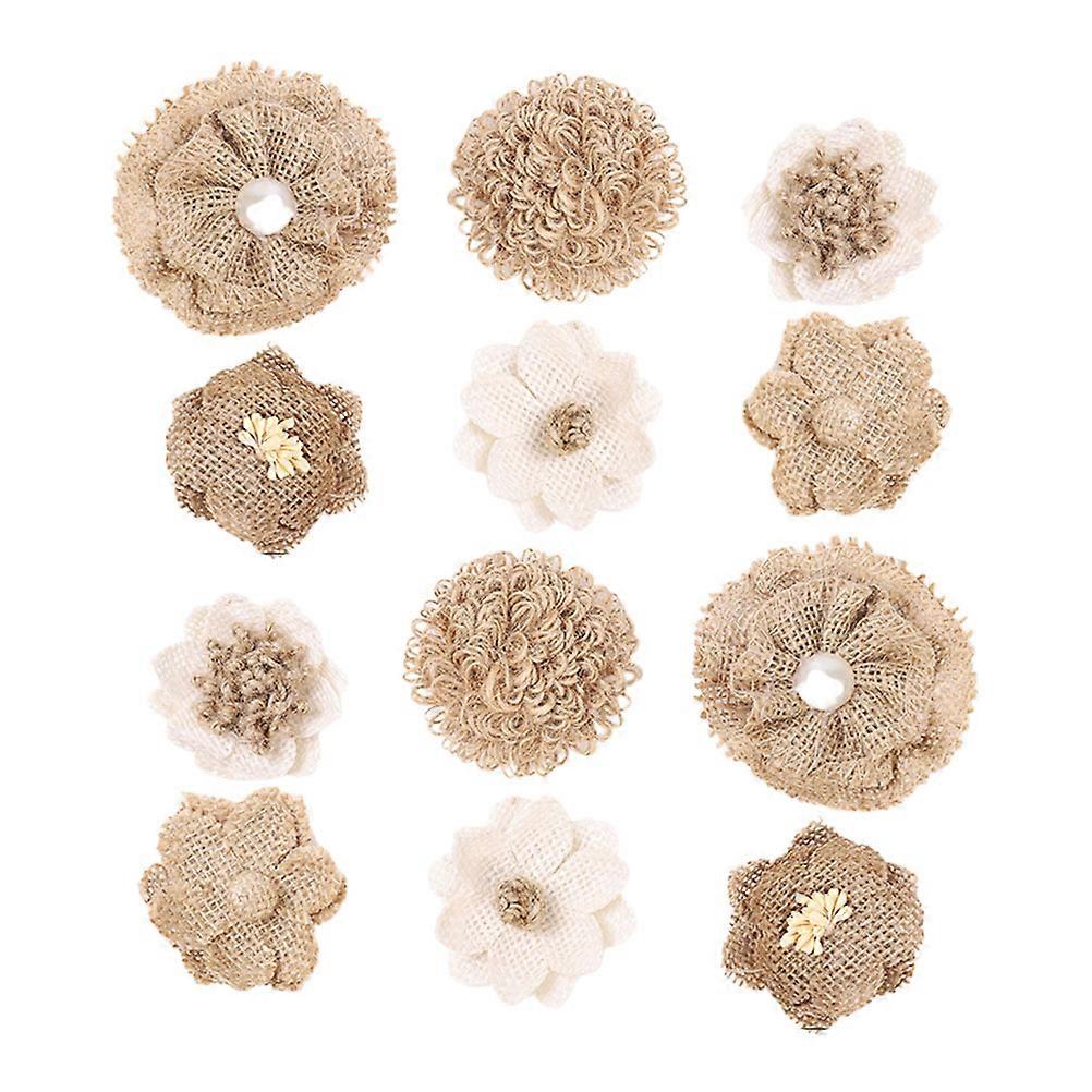12 Pcs/2 Sets Rustic Style Jute Cloth Flower Bow Decorative Handmade Rough Texture Garment Accessories for Party DIY Craft Festival - F Kit C10-12