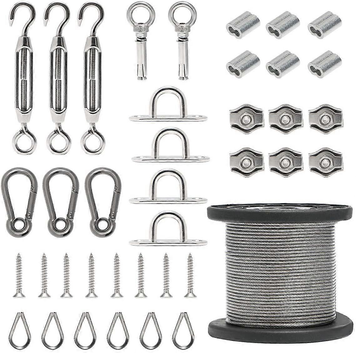Outdoor String Light Hanging Kit,Wire Rope,50M Stainless Steel Coated Cable Wire Rope,Metal Cable with Turnbuckle Wire Tensioner,Cable Clamp,Hooks,for