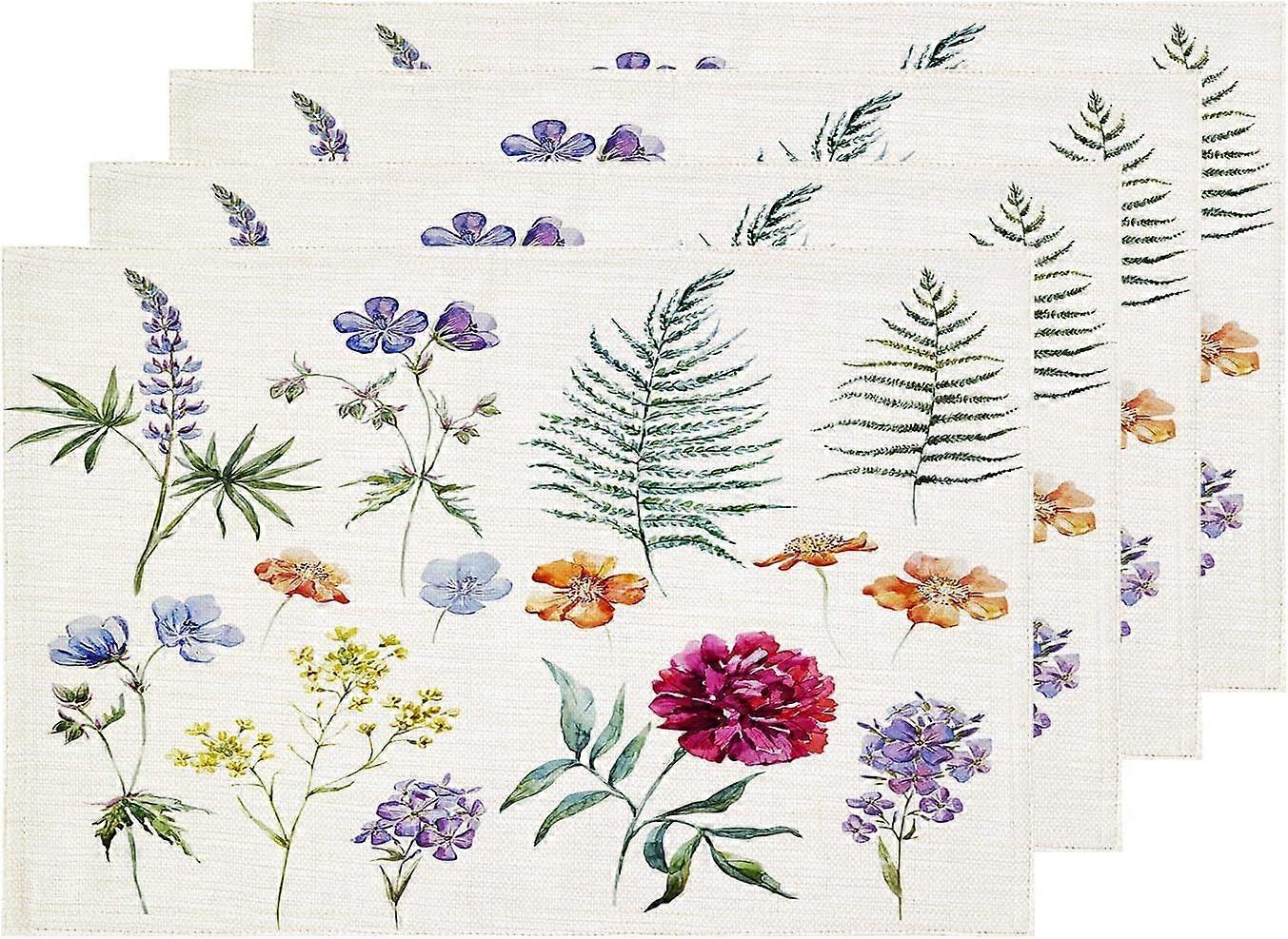 Watercolor Peonies Wildflower Placemats, Bouquet Lupins Fern Leaves Table Mat Linen Burlap Washable Double-Deck Heat Insulation for Dining Table Kitch
