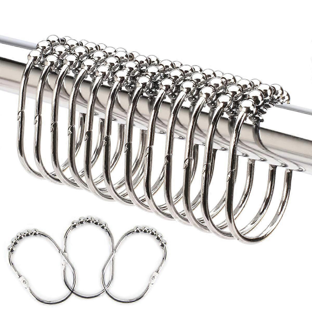 LN-Wide Shower Curtain Rings/Hooks Set - Decorative Polished Chrome Finish, Easy Glide Rollers, Rustproof Stainless Steel - Set of 12 Rings for Shower