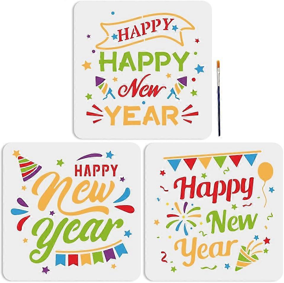 3pcs Happy New Year Stencil Template 11.811.8inch Reusable New Year Star Fireworks Decorative Flag Pattern Template with Paint Brush for Arts Crafts H