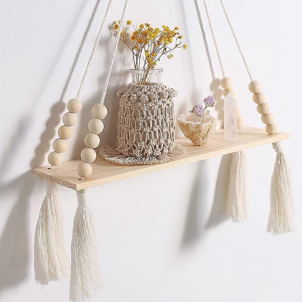 Vägghängda hyllor i trä, Macrame hängande växthylla Boho, handgjord rustik hängare planteringsställ blomkruka stativ