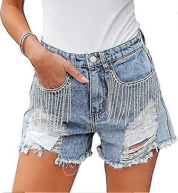 Women's Diamond Tassels Denim Shorts Summer High Waist Ripped Jeans Shorts With Rhinestone Fringe