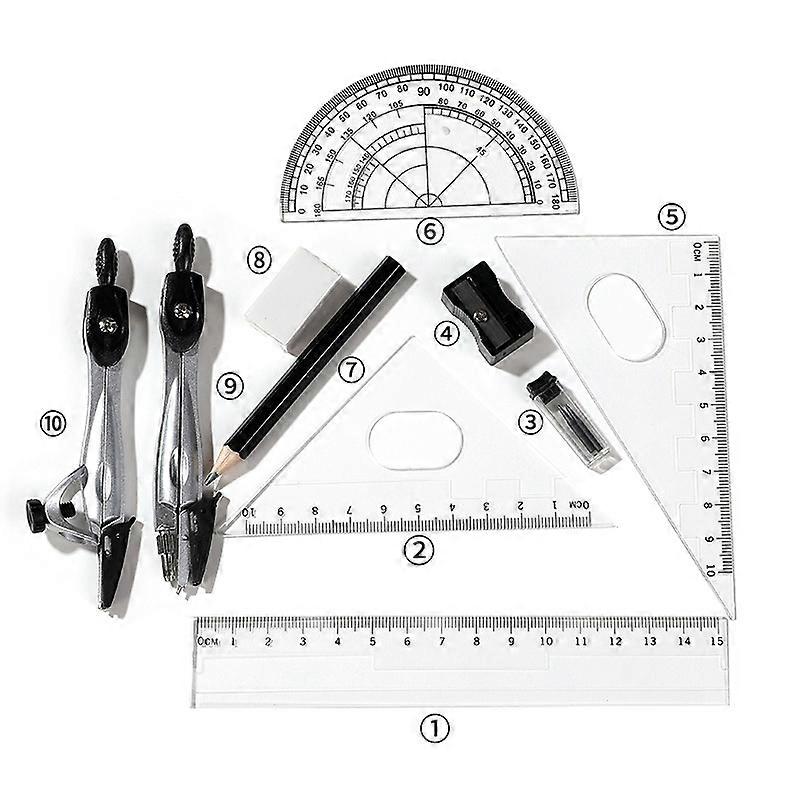 10 Pieces Drawing Compass Set School Math Protractor Set Rulers for Student Math and Homeschooling Drawing in Carry Case