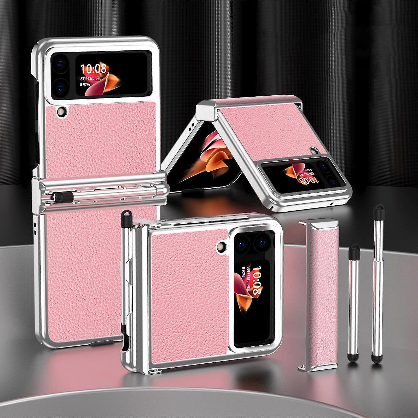 Plating Case Compatible With Samsung Galaxy Z Flip 4, Hard Pc+plain Leather Shockproof Cover With Hinge & Pen