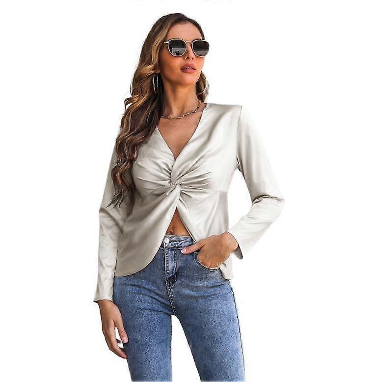 Women's Satin Long Sleeve V Neck Solid Blouse Top Shirt