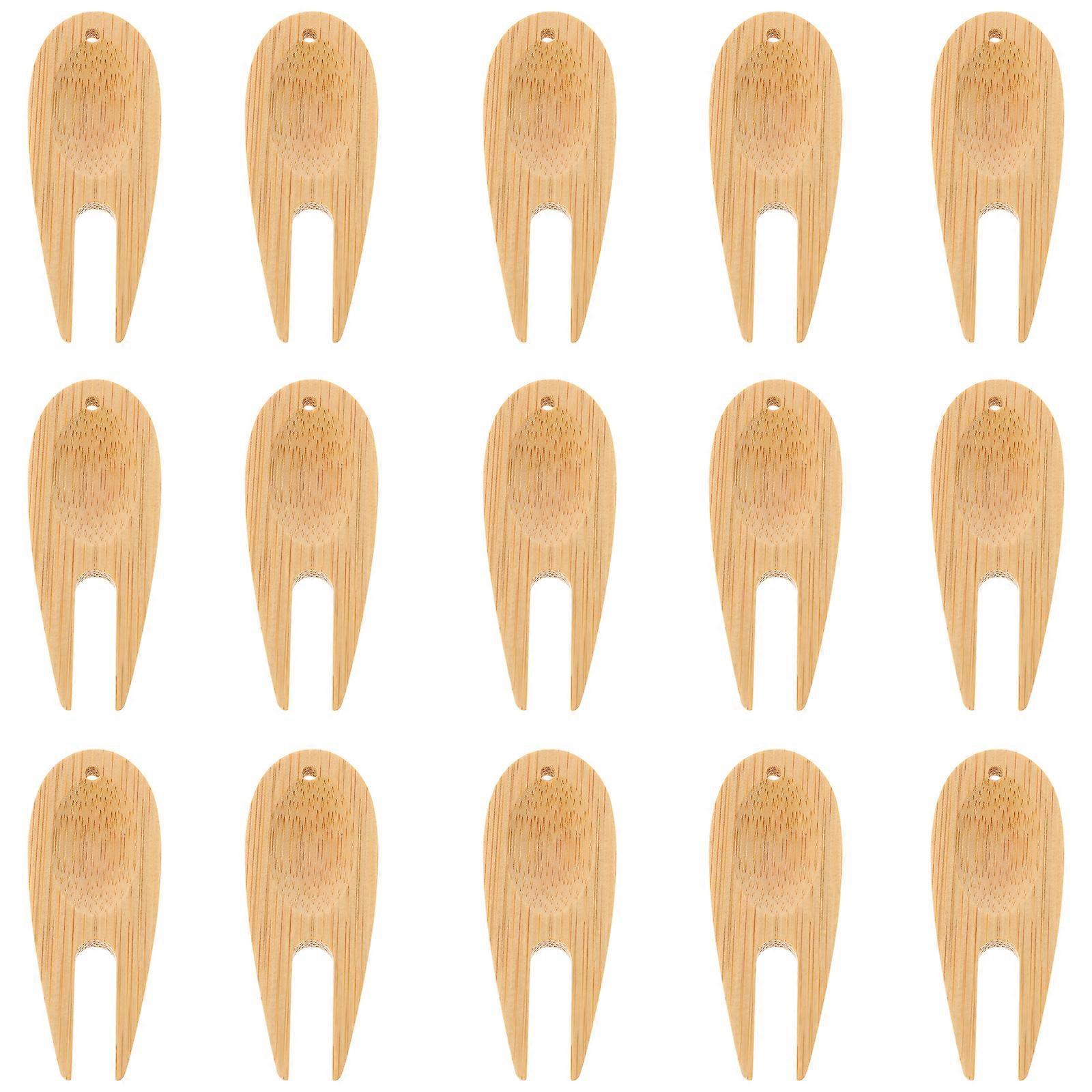 15Pcs Bamboo Golfs Divot Forks Portable Divot Tools Fairway Trimmer (Khaki)