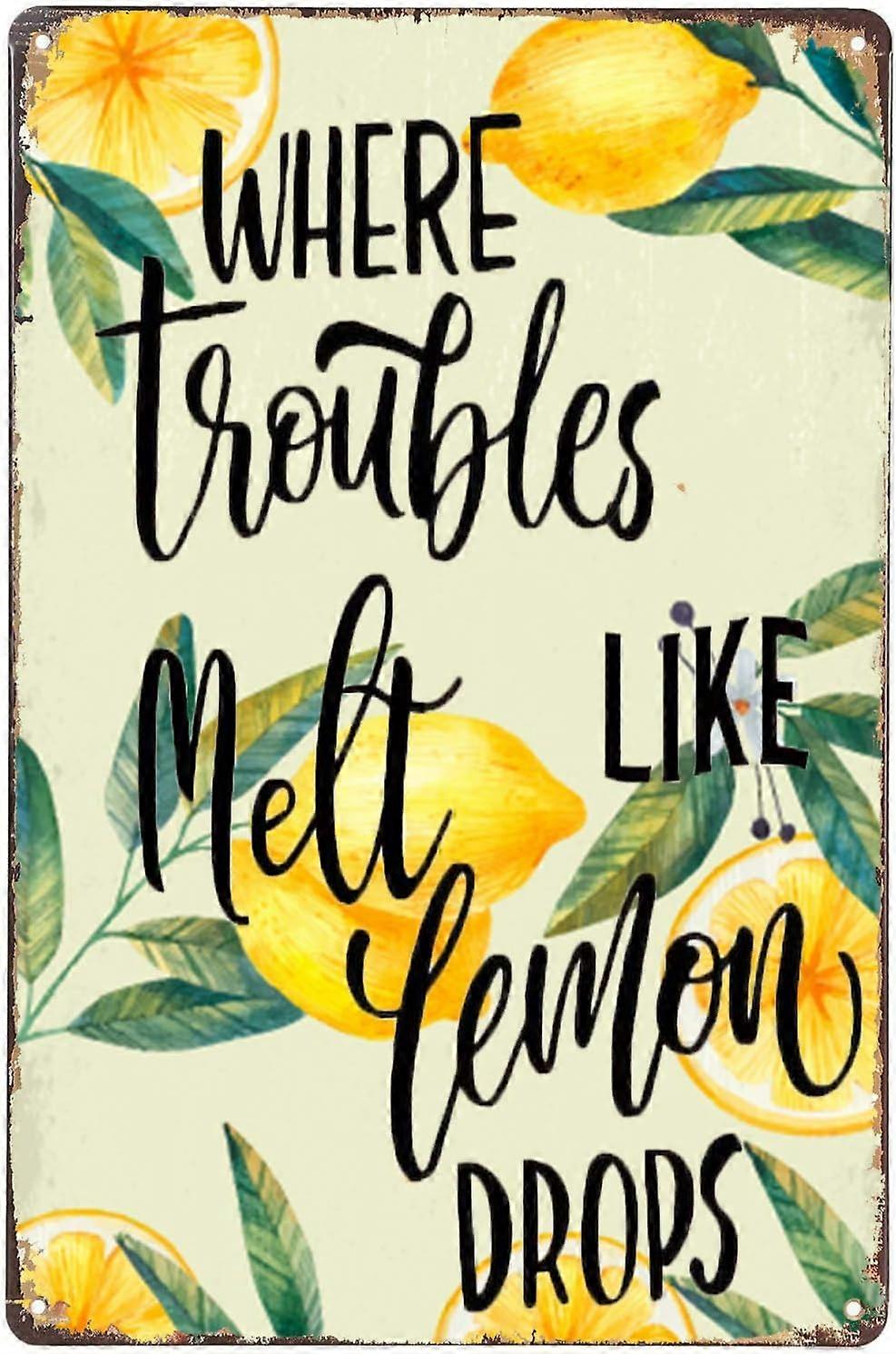 トラブルがレモンのように溶ける場所サインビンテージキッチンコーヒーバークラブ壁の装飾8x12インチメタルブリキサイン