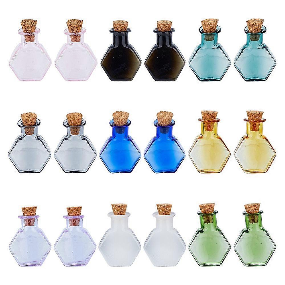 18Pcs 9 Colors Hexagon Dollhouse Miniature Glass Cork Bottles Ornament Glass Empty Wishing Bottles for Doll House Decoration Mixed Color 3cm Bottle: 2