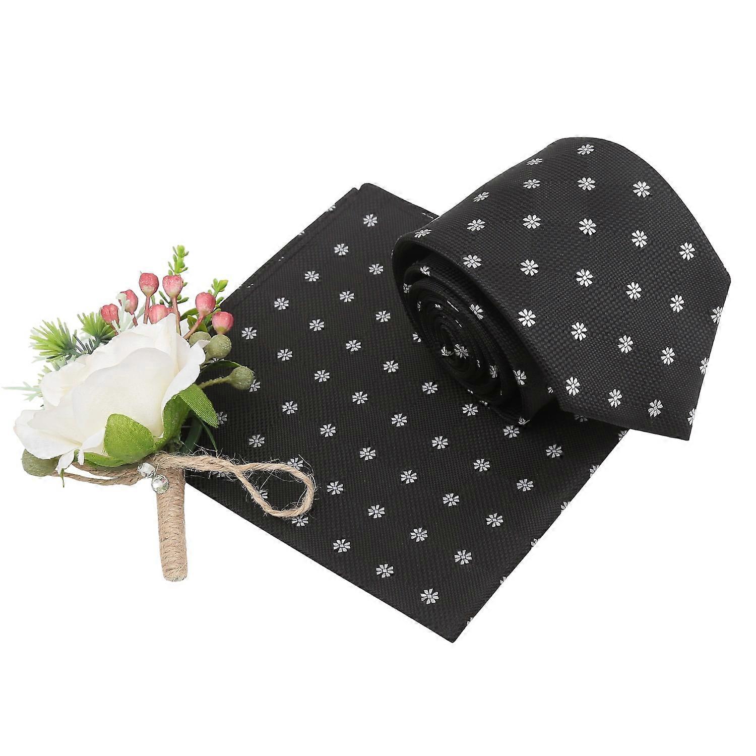 Black Floral Daisy Tie and Pocket Square Set
