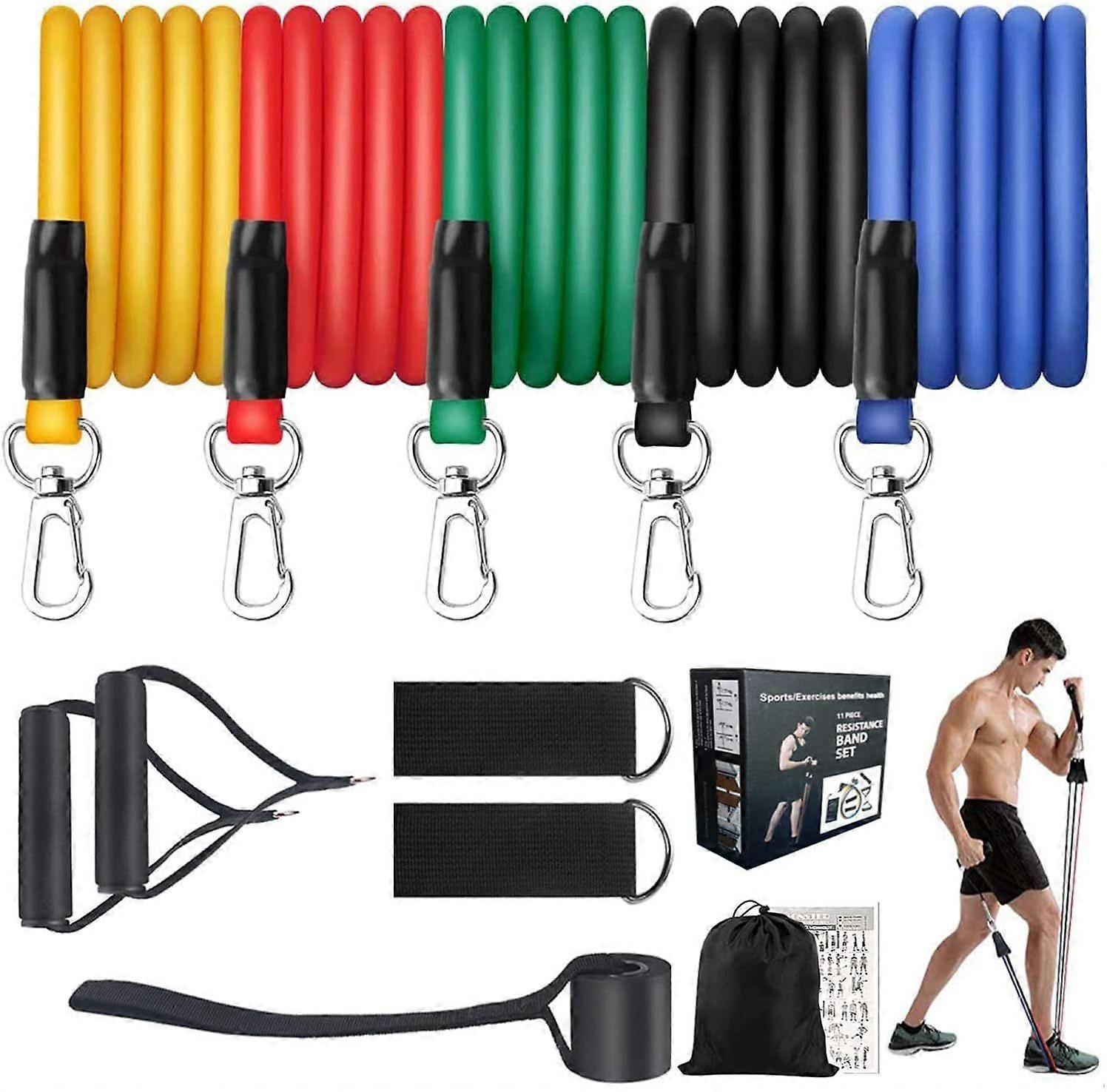 11 Pack Set - 5 Stackable Eercise (Up t 100 Lbs)2 Fam Handles, 2 Ankle Straps, 1 Dr Anchr and 1 Carrying Puch - Hme Wrkuts, Black , Green,