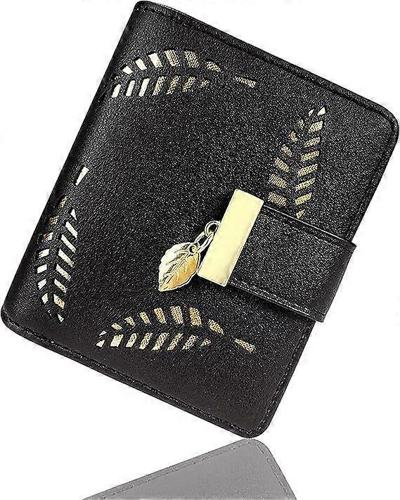 نسائي محفظة قصيرة جلد محفظة متوسطة ورقة ثنائية الطي بطاقة حامل عملات معدنية محافظ صغيرة مشبك سحاب كلاتش - أسود
