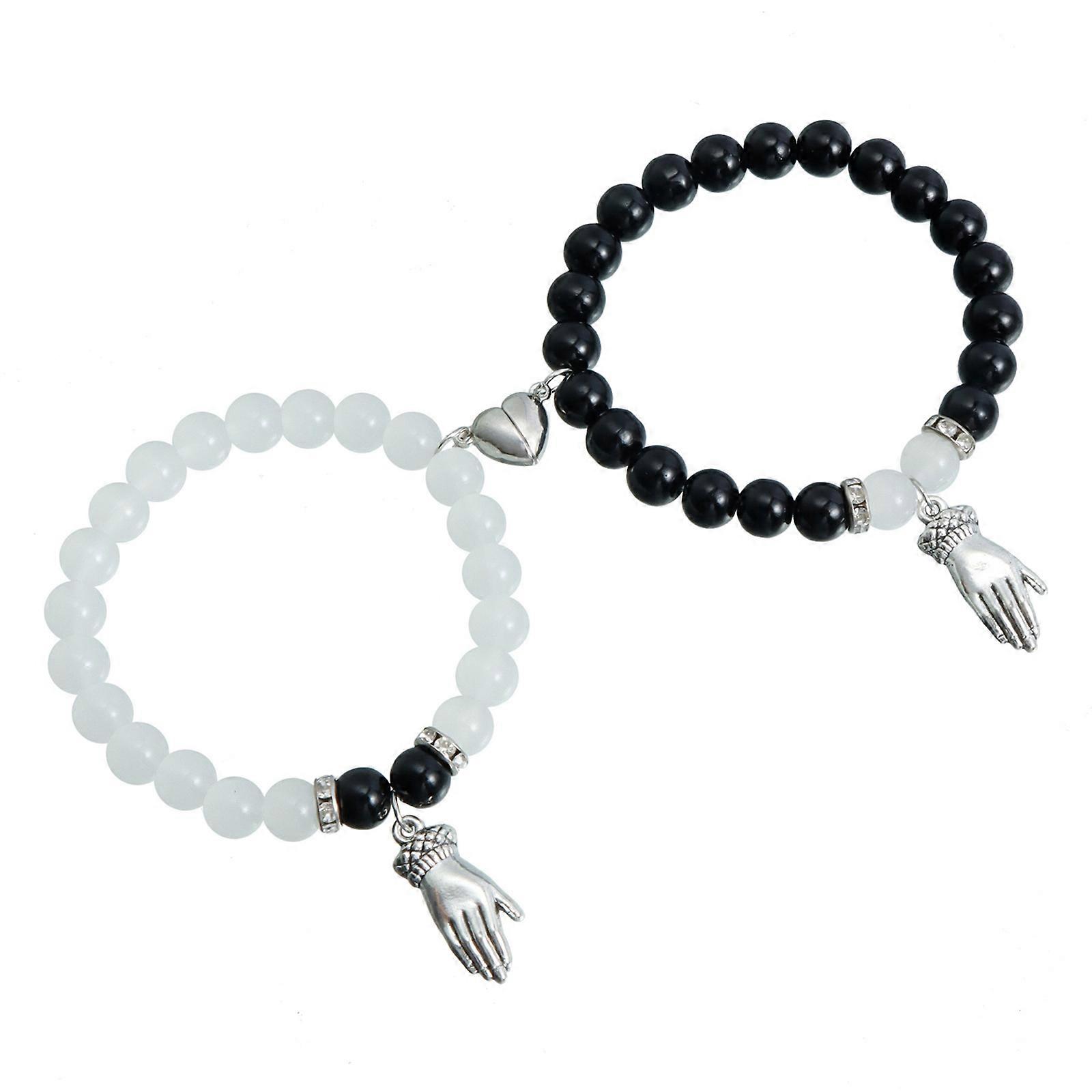 Set Of 2 Matching Crystal Bead Bracelets Magnetic Clasp Handchain for Couple Adjustable Size Bangle Party Accessory