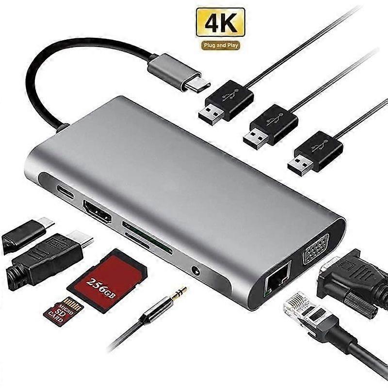 USB C HUB 10 in 1 Adapter with 4K-HDMI VGA USB 30 Type C PD Port Ethernet RJ45 SDTF Card Reader AUX 35mm Audio